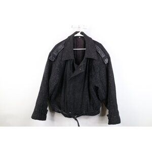 Vtg 90s Streetwear Mens 44 Leather Trim Belted Wool Bomber Jacket Atomic Fleck